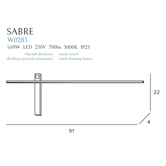 Maxlight Kinkiet Sabre 91 cm Czarny IP23, Ściemnialny Z Włącznikiem Dotykowym w0283