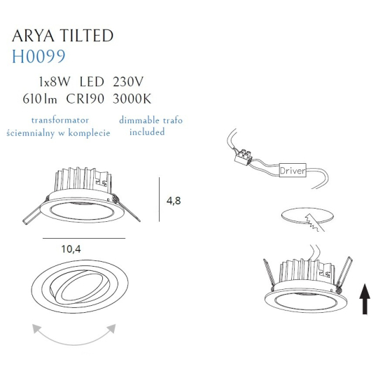Maxlight Oprawa Wpustowa Max Arya Tilted Black 8W Ściemnialna H0099
