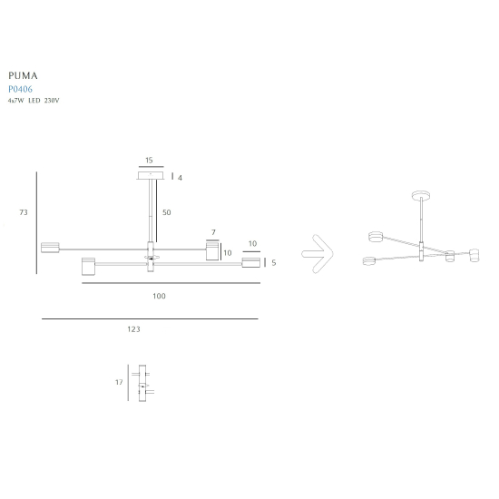 Maxlight Lampa Wisząca Puma LED 4X 7W Czarny/Drewno P0406