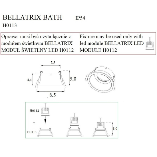 Maxlight Oprawa Wpustowa Bellatrix Bath Biała IP54- Bez Modułu Świetlnego LED H0112 H0113