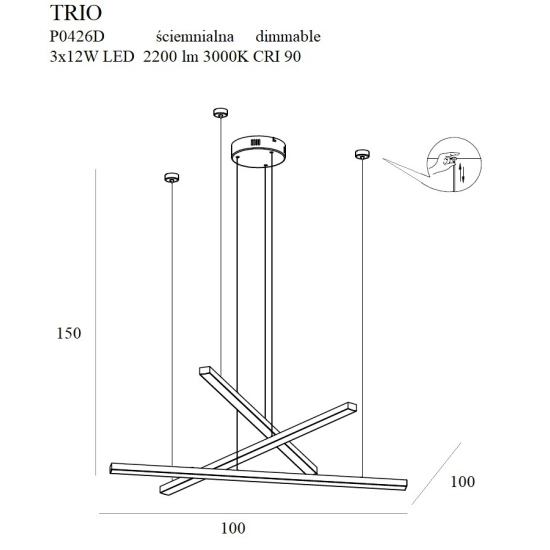 Maxlight Lampa Wisząca Trio 3 Złota Ściemnialna P0426D