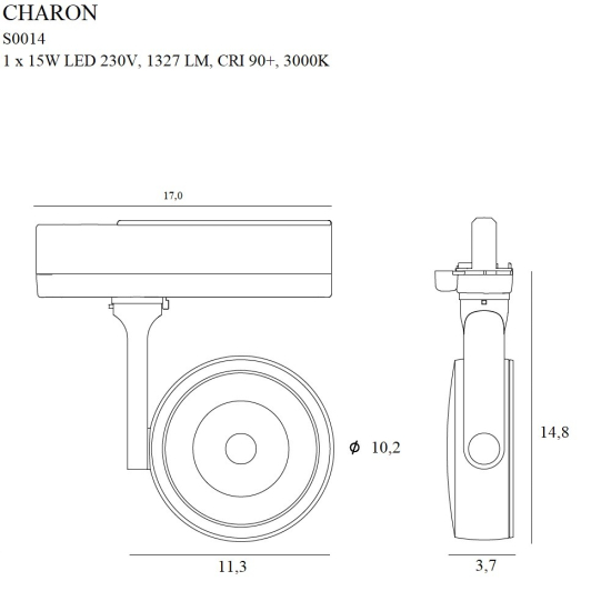 Maxlight Charon do szynoprzewodu Trójfazowego Czarny 15W LED 1327lm 3000K S0014