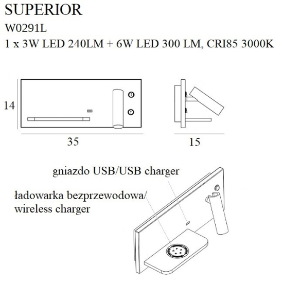 Maxlight Kinkiet Superior z Gniazdem USB i Ładowarką Indukcyjną Biały W0291L